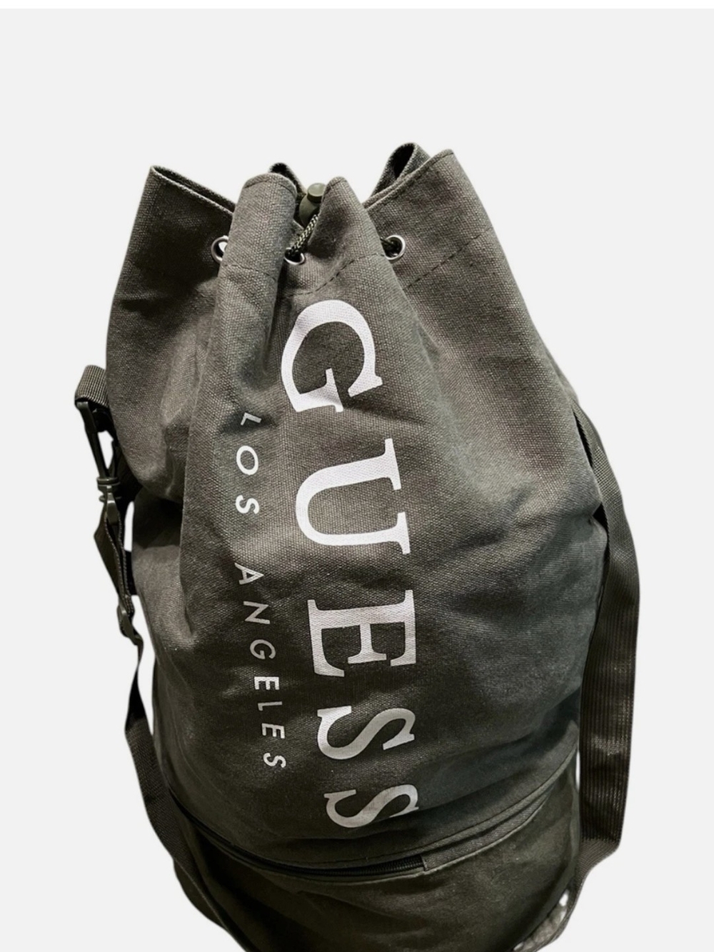 GUESS Los Angeles Men's Army Green Canvas Drawstring Backpack Large Zip Pocket